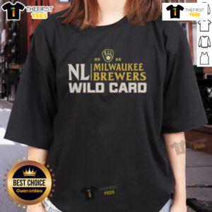 Happy Milwaukee Brewers 2025 National League Wild Card baseball ladies tee featuring team colors and logo design.