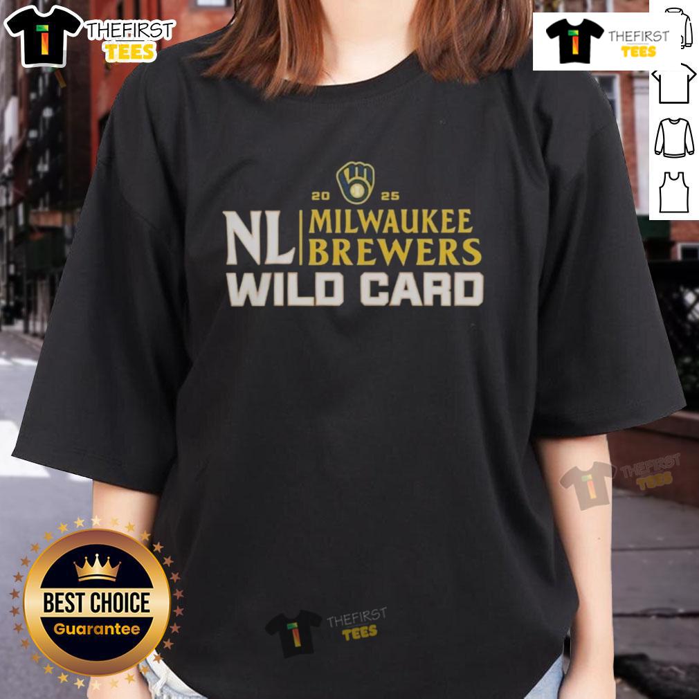 Happy Milwaukee Brewers 2025 National League Wild Card baseball ladies tee featuring team colors and logo design.