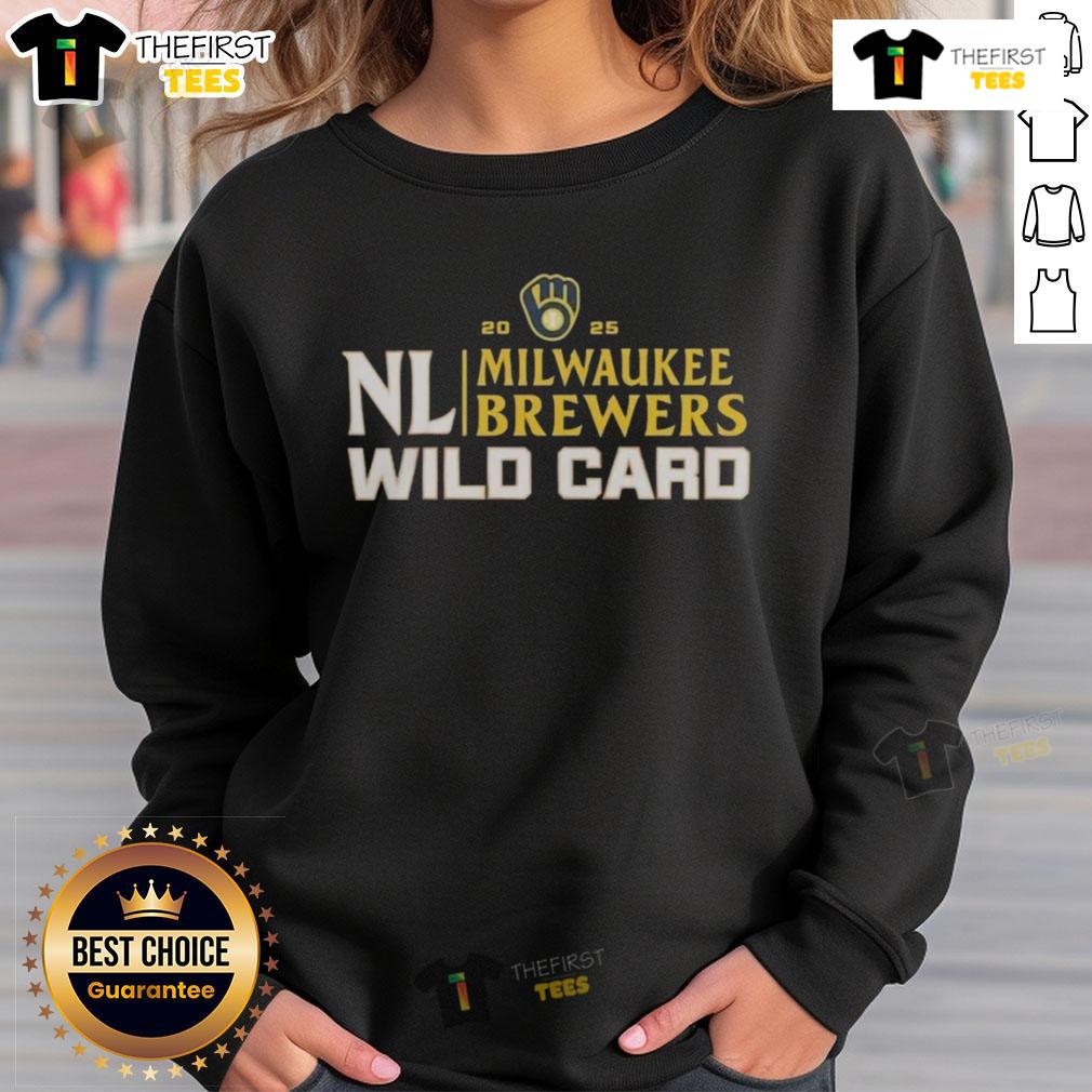 Happy Milwaukee Brewers 2025 National League Wild Card baseball sweatshirt featuring team logo and vibrant colors.