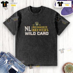 Happy Milwaukee Brewers 2025 National League Wild Card baseball washed T-shirt design featuring team colors and logo.