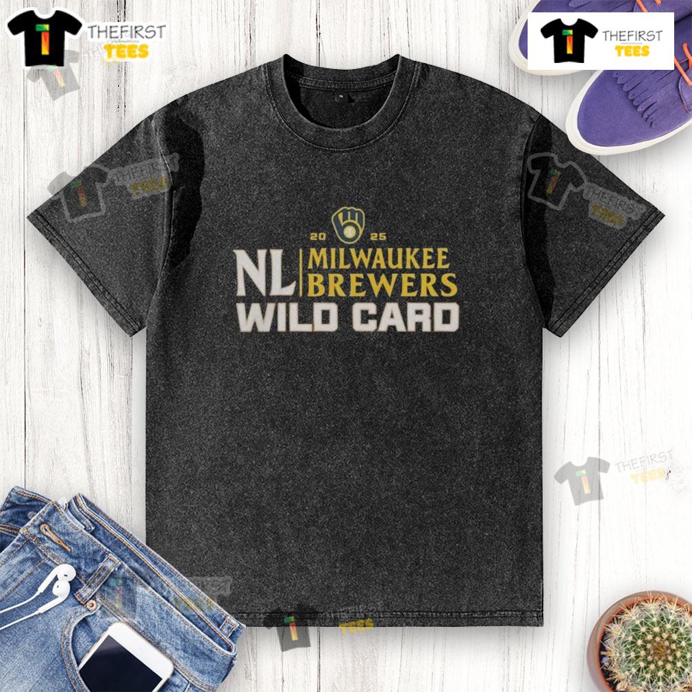 Happy Milwaukee Brewers 2025 National League Wild Card baseball washed T-shirt design featuring team colors and logo.