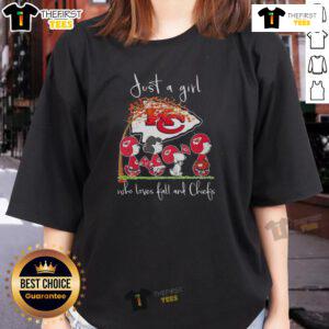 Alt Text: Hot Snoopy and friend wearing Kansas City Chiefs ladies tee, perfect for football lovers this fall.