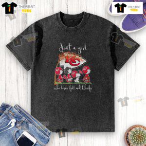 Alt Text: Hot Snoopy and friend in a Kansas City Chiefs football t-shirt, perfect for fall and football lovers.