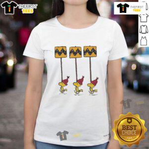 Hot Woodstock Peanuts funny Christmas yellow and black Charlie Brown ladies tee with festive holiday details.