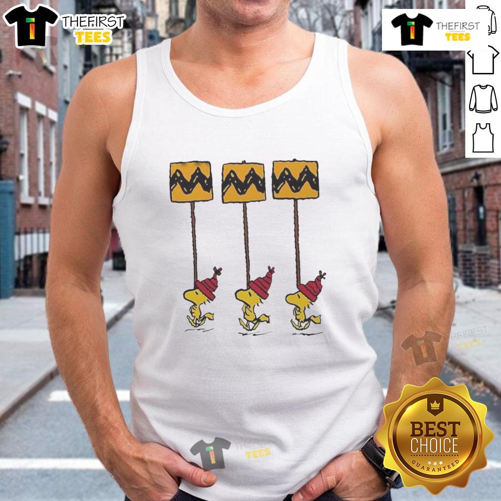 Funny Christmas Hot Woodstock Peanuts tank top featuring yellow and black Charlie Brown design for festive holiday style.