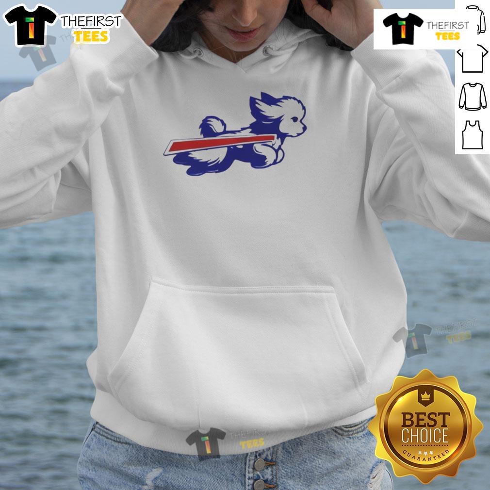 Alt Text: Bichon Frise parody logo hoodie featuring Buffalo Bills colors and design, perfect for dog lovers and football fans.