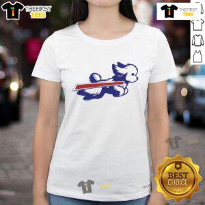 Adorable Bichon Frise parody logo on a Buffalo Bills football tee for ladies, perfect for dog lovers and sports fans.