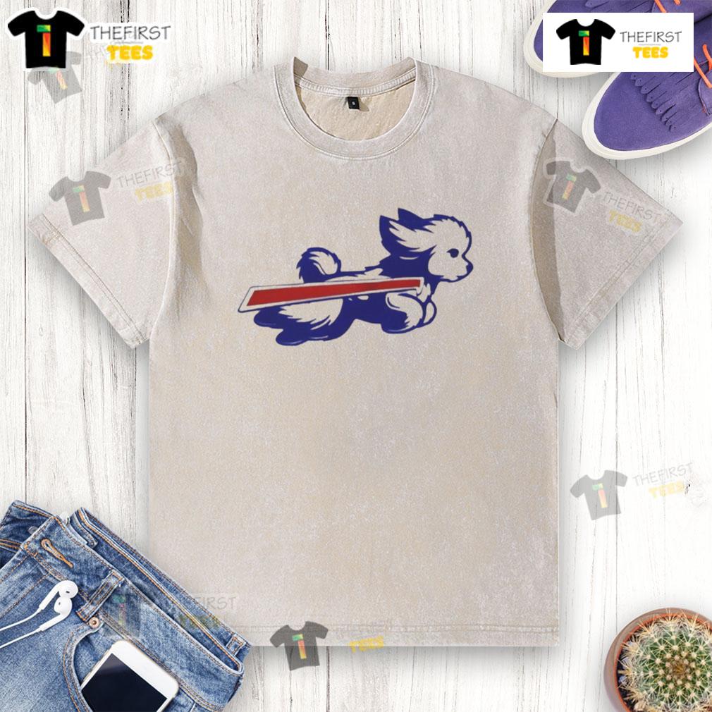 Alt Text: Cute Bichon Frise parody logo on a washed t-shirt, showcasing Buffalo Bills football spirit and humor.