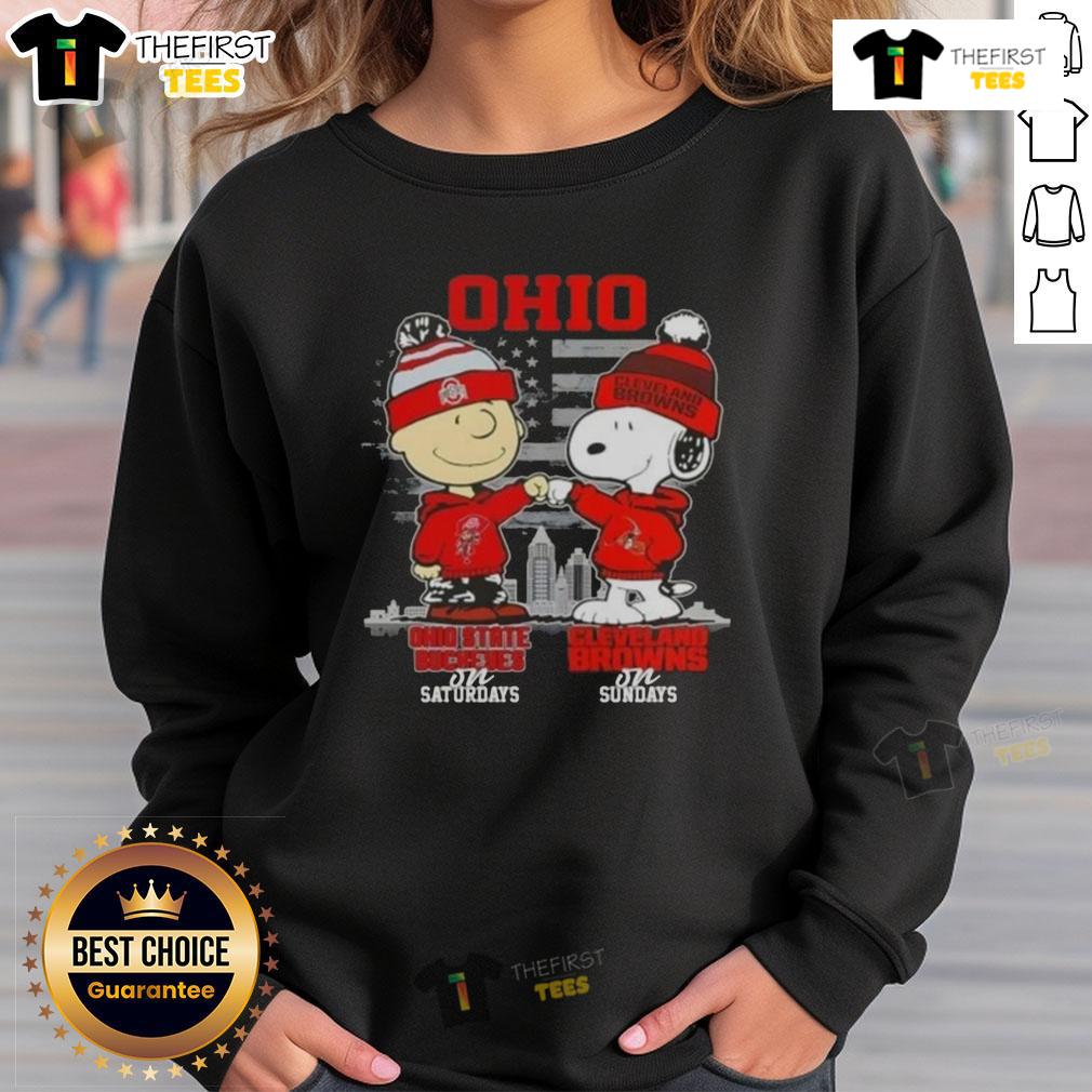 Ohio State Buckeyes and Cleveland Browns sweatshirt featuring Charlie Brown and Snoopy, perfect for game day style.