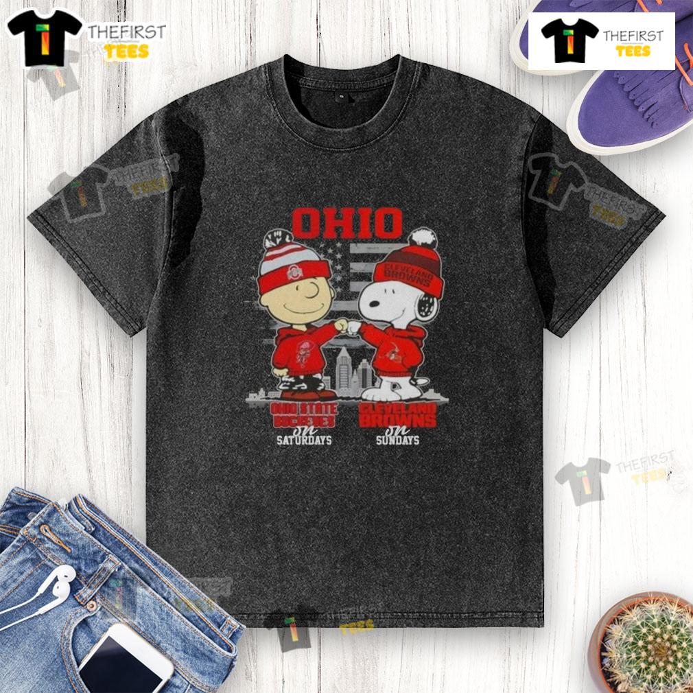 Ohio State Buckeyes and Cleveland Browns themed Skyline T-shirt featuring Charlie Brown and Snoopy for game day.