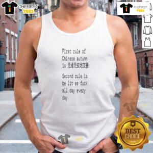 Stylish tank top featuring 'Nice First Rule of Chinese Autumn' and 'Be Lit As F*ck' slogans for trendy fall fashion.