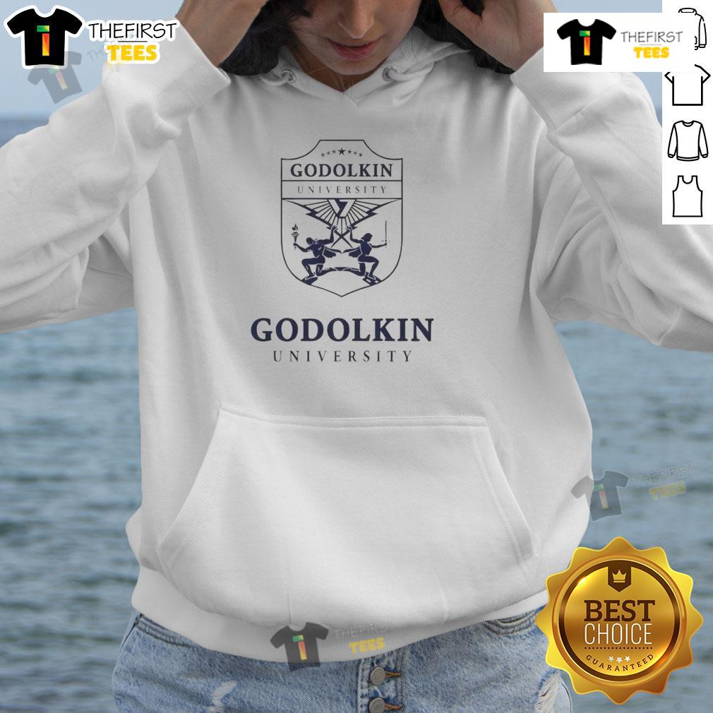 Emma Meyer wearing a Nice Gen V hoodie at Godolkin University, showcasing campus style and school spirit.