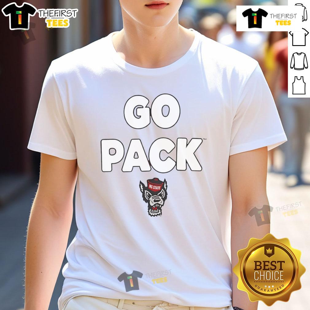 Alt Text: Nice NC State Wolfpack Go Pack slogan t-shirt featuring bold graphics and vibrant colors for fans.