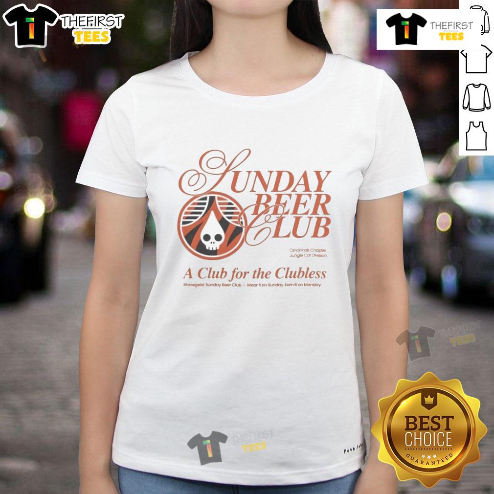 Alt Text: Rhinegeist Sunday Beer Club Cincinnati Jungle Cat Division ladies tee featuring vibrant design and playful graphics.