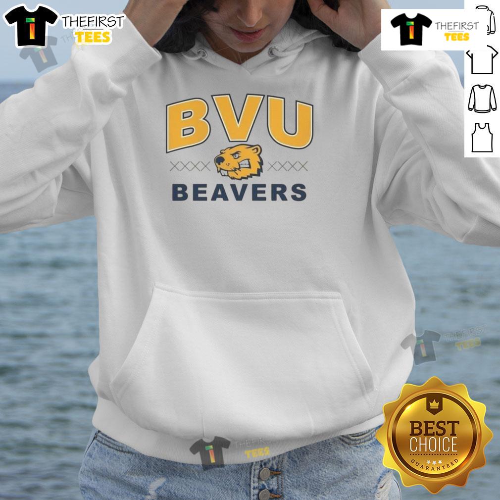 Official BVU Beaver Trax Hoodie in navy blue, featuring the BVU logo, perfect for campus wear and school spirit.
