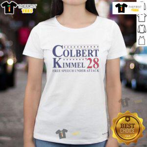 Official Colbert Kimmel 2028 Free Speech Under Attack Ladies Tee featuring bold graphics and a stylish fit for supporters.