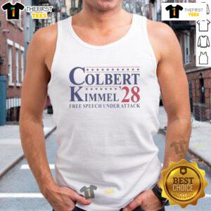 Official Colbert Kimmel 2028 Free Speech Under Attack tank top featuring bold graphics promoting free speech advocacy.
