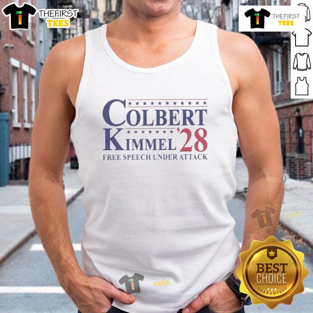 Official Colbert Kimmel 2028 Free Speech Under Attack tank top featuring bold graphics promoting free speech advocacy.