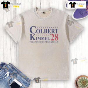 Official Colbert Kimmel 2028 Free Speech Under Attack washed t-shirt showcasing a bold design for free speech advocates.