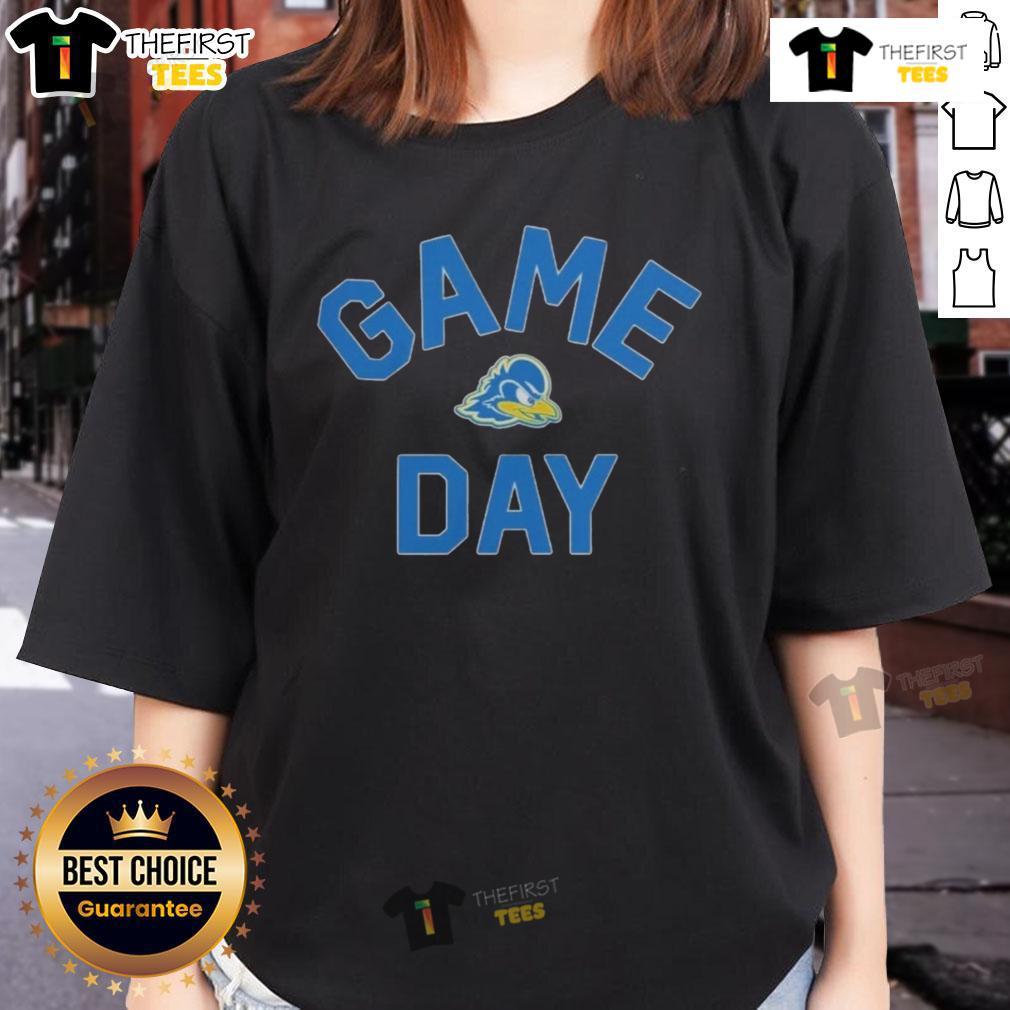 Official Delaware Blue Hens game day logo on a stylish college ladies tee, perfect for fans and casual wear.