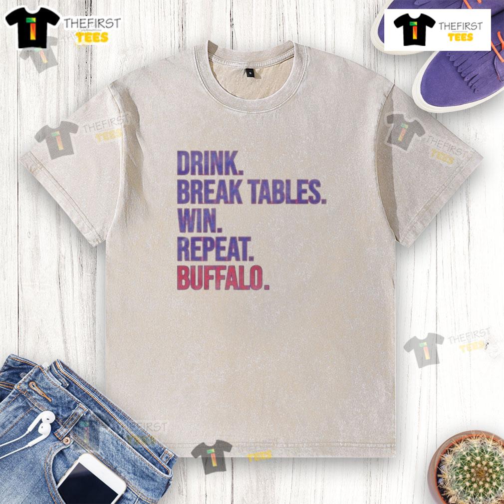 Buffalo washed t-shirt featuring 'Official Drink Break Tables Win Repeat' slogan for casual wear and sports fans.