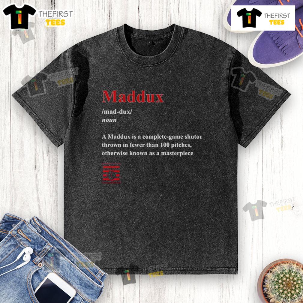 Official Greg Maddux washed t-shirt featuring 'A Maddux' definition as a complete game masterpiece.