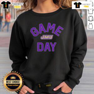 Official James Madison Dukes Game Day logo on a college sweatshirt, perfect for fans and game day apparel.