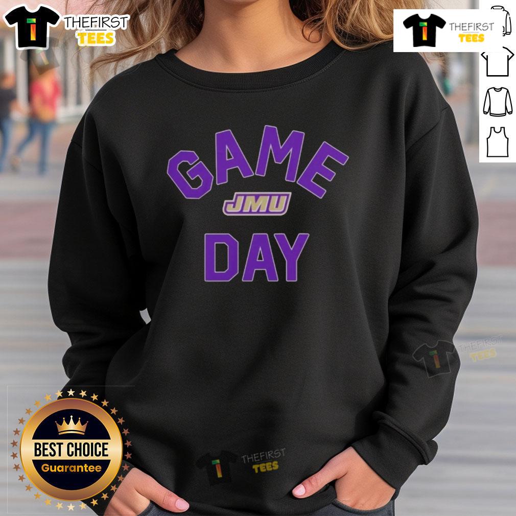 Official James Madison Dukes Game Day logo on a college sweatshirt, perfect for fans and game day apparel.