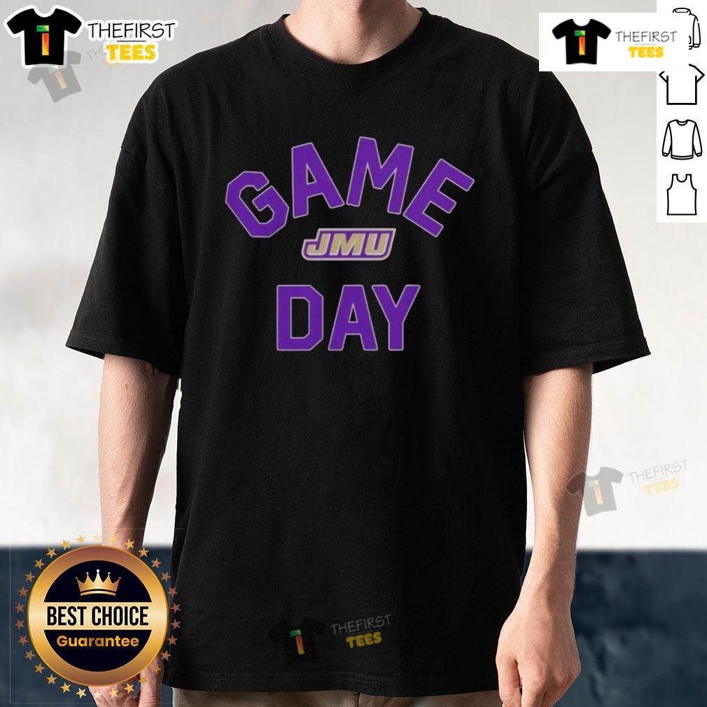 Alt Text: Official James Madison Dukes Game Day logo printed on a college t-shirt, perfect for fans and game day attire.