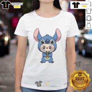 Official Labubu in Lilo and Stitch costume holding a pineapple, showcasing a fun ladies' tee design for fans.