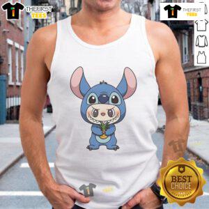 Official Labubu wearing Lilo and Stitch costume, holding a pineapple tank top, perfect for fans of Disney and Hawaiian themes.
