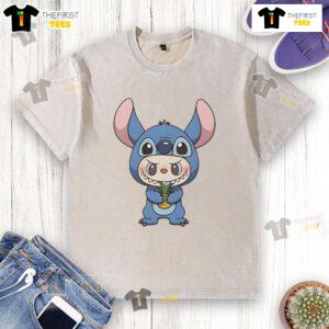 Alt Text: Official Labubu in Lilo and Stitch costume, holding a pineapple, showcasing a washed T-shirt style.