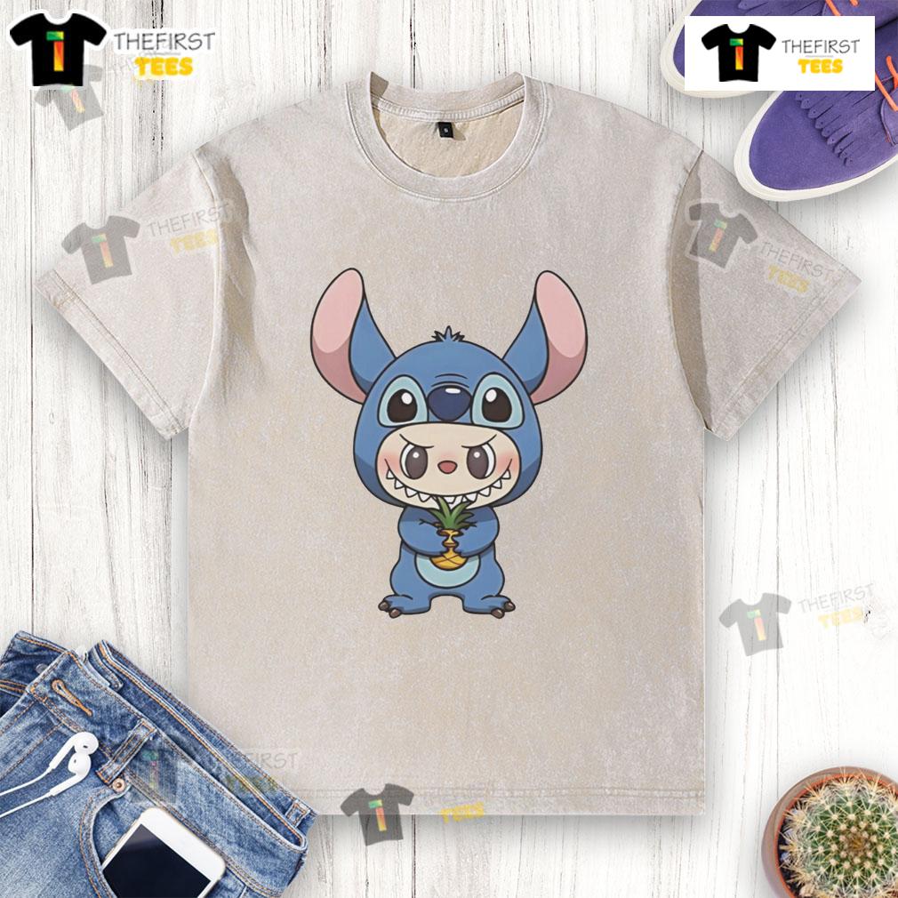 Alt Text: Official Labubu in Lilo and Stitch costume, holding a pineapple, showcasing a washed T-shirt style.