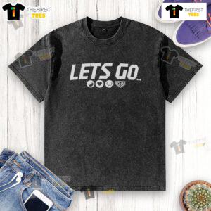 Alt Text: Official Let's Go Emojis baseball team logo on a washed t-shirt, perfect for fans and casual wear.