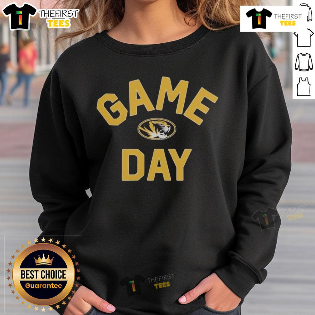 Alt Text: Official Missouri Tigers game day logo on a college sweatshirt, perfect for fans supporting their team.