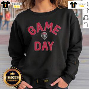 Alt Text: Official New Mexico Lobos Game Day Logo on a college sweatshirt, showcasing team spirit and school pride.