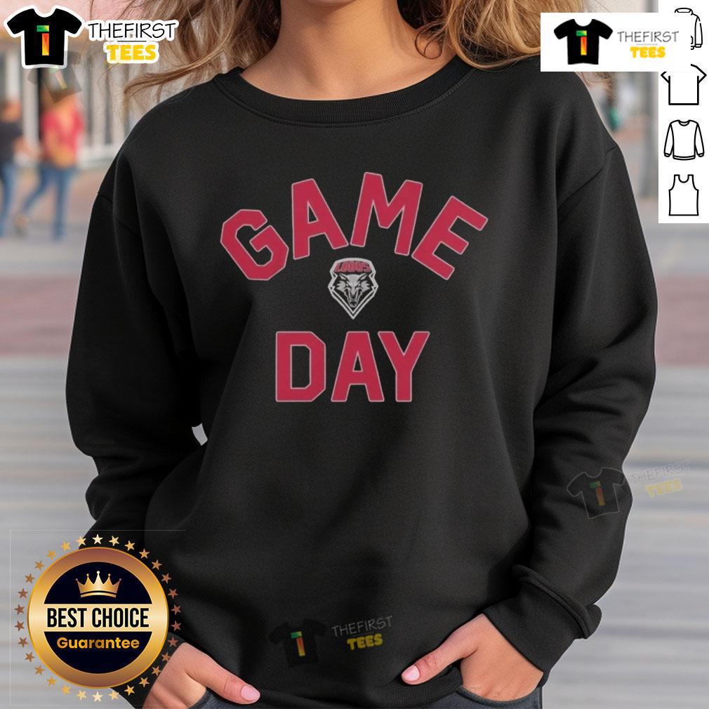 Alt Text: Official New Mexico Lobos Game Day Logo on a college sweatshirt, showcasing team spirit and school pride.