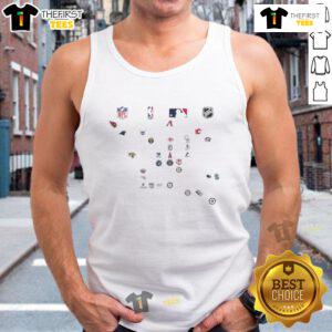Official North American sports team logos on a stylish tank top featuring NFL, NBA, MLB, and NHL designs.