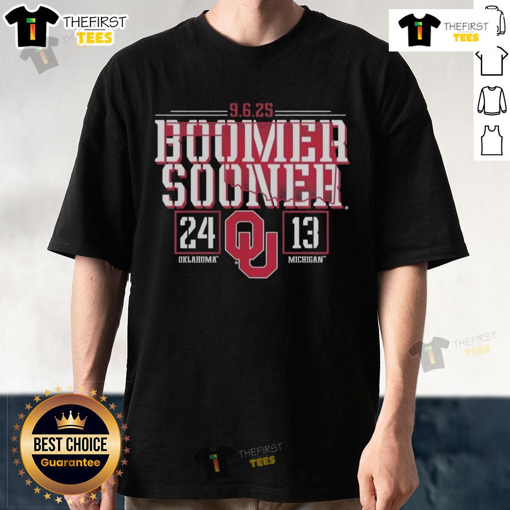 Official Oklahoma Sooners Beat Michigan Wolverines 2025 Score T-Shirt featuring team logos and victory score design.