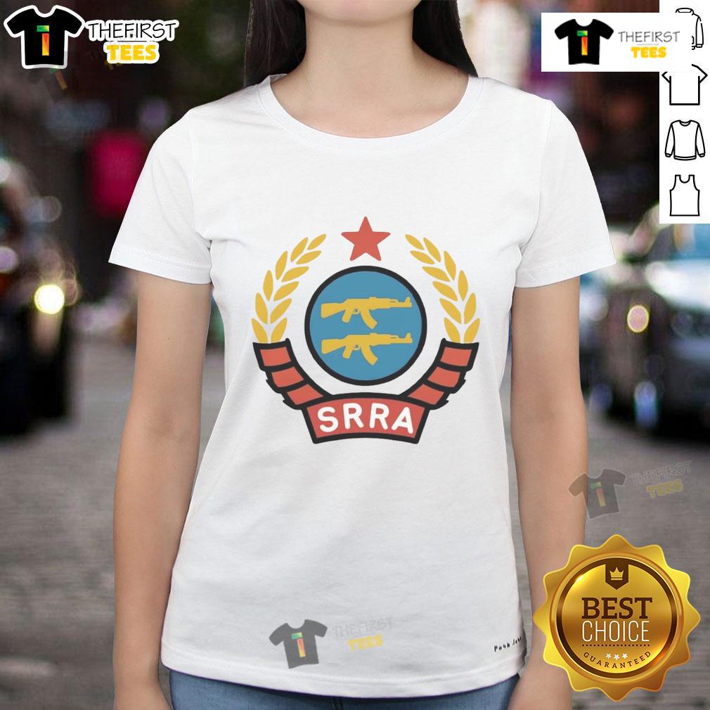 Official SRRA Socialist Redditor Rifle Association logo on a stylish ladies tee, perfect for proud supporters.