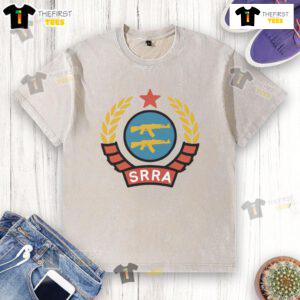 Official SRRA Socialist Redditor Rifle Association logo on a washed t-shirt, showcasing a unique design for fans.