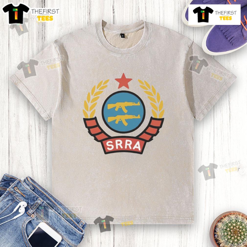 Official SRRA Socialist Redditor Rifle Association logo on a washed t-shirt, showcasing a unique design for fans.