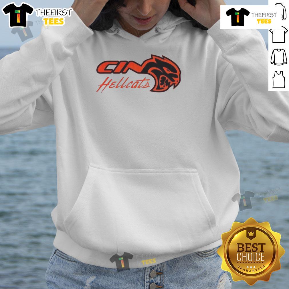 Alt Text: Original Cincinnati Bearcats Dodge Hellcat logo hoodie featuring bold graphics and a comfortable fit for fans.