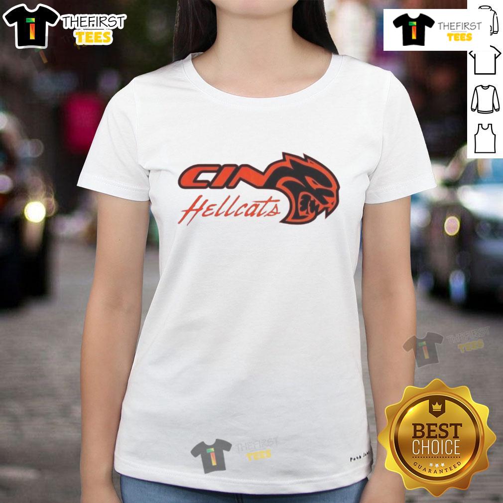 Original Cincinnati Bearcats Dodge Hellcat logo ladies tee showcasing a stylish design for fans and fashion lovers.