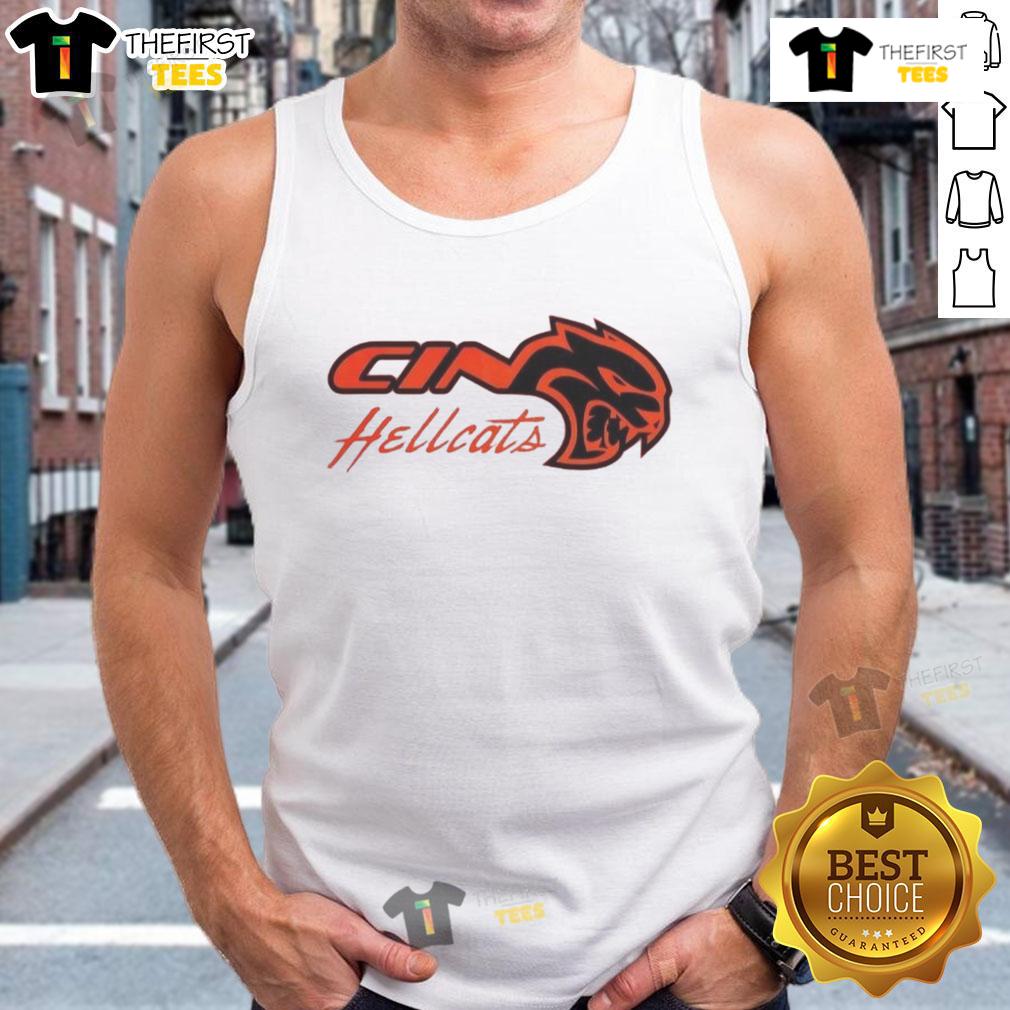 Alt Text: Original Cincinnati Bearcats Dodge Hellcat logo tank top featuring bold graphics and a comfortable fit for fans.