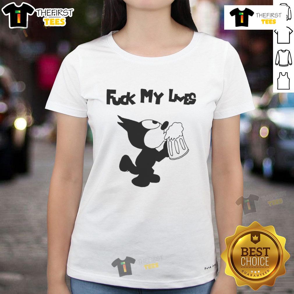 Original Fck My Lives Cat Ladies Tee featuring a playful cat design, perfect for feline enthusiasts and humor lovers.