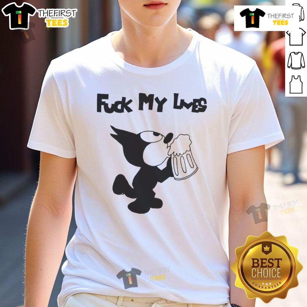 Original Fck My Lives Cat T-Shirt featuring a playful cat graphic and bold text, perfect for cat lovers and humor enthusiasts.