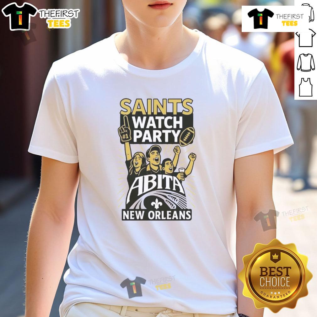 Original New Orleans Saints watch party football Abita T-shirt featuring team logo and vibrant design for fans.