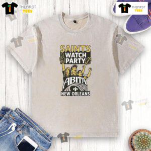 Alt Text: Original New Orleans Saints watch party t-shirt featuring Abita logo, perfect for football fans.