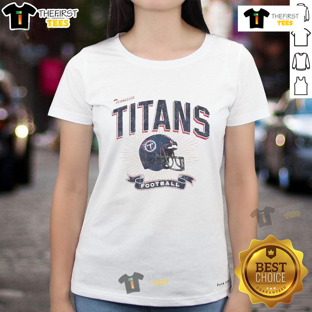 Original Tennessee Titans football helmet distressed design on a stylish ladies tee, perfect for fan apparel.